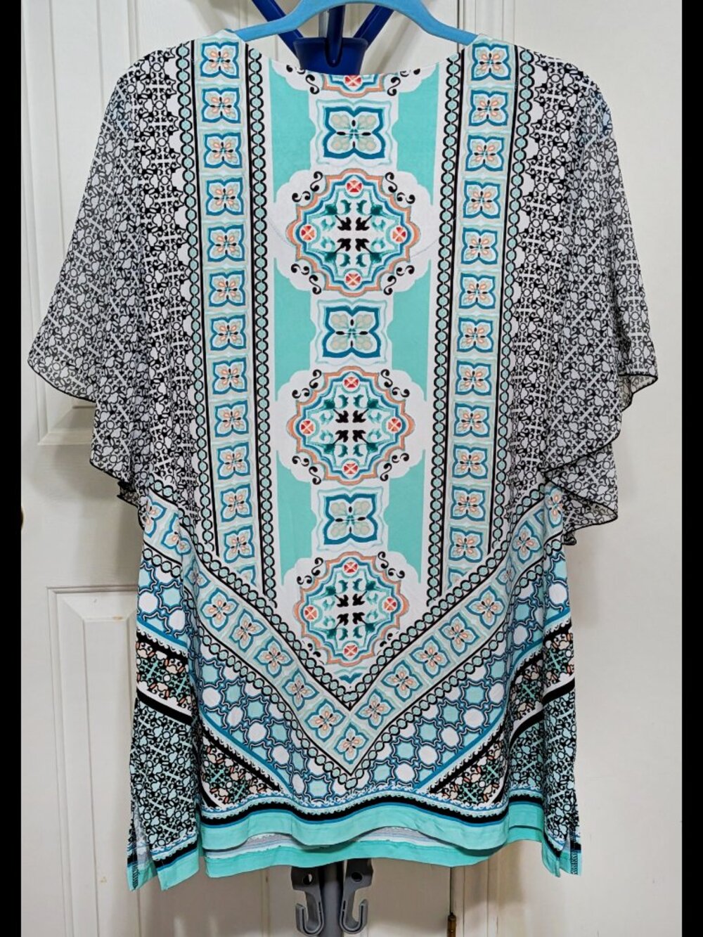 Wow JM COLLECTION 2X Teal & White Lattice Print BATWING Stretch Long Blouse - Picture 4 of 4